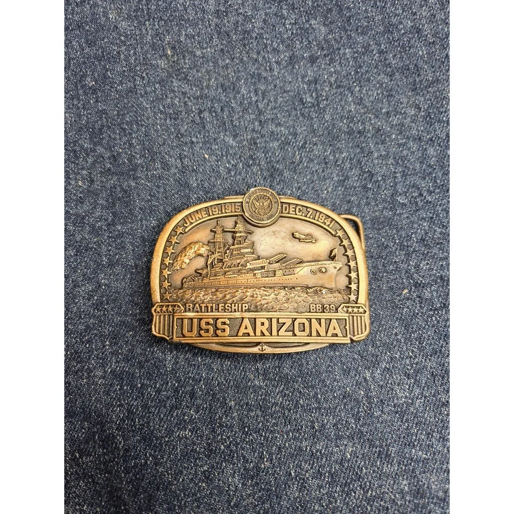 USS Arizona Commemorative Brass Battleship Belt Buckle - RARE